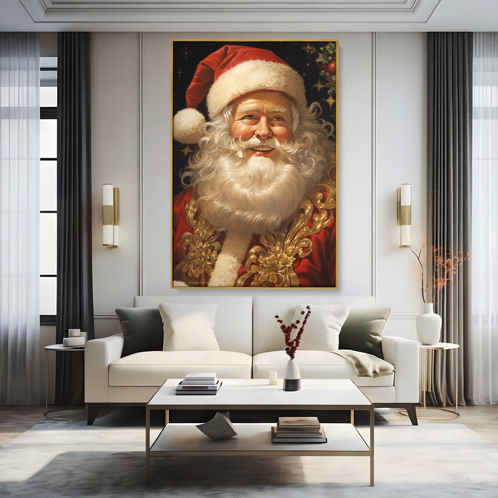 Tablou canvas cu tablou canvas cu portretul lui mos craciun, in rama de aluminiu auriu, pe perete intr-un living